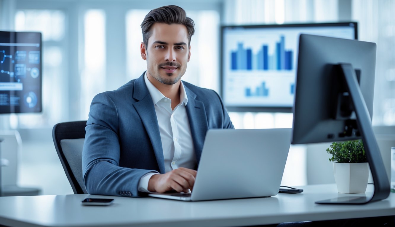 Seorang agen bisnis profesional duduk di meja dengan laptop di kantor modern yang rapi dan terang.