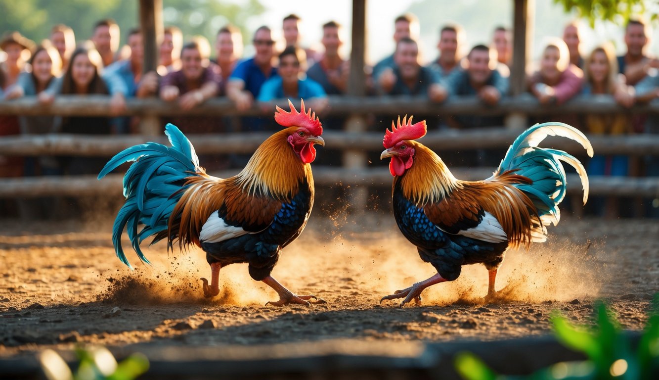 Dua ayam jantan sedang bertarung di arena kayu dengan penonton di sekitarnya.