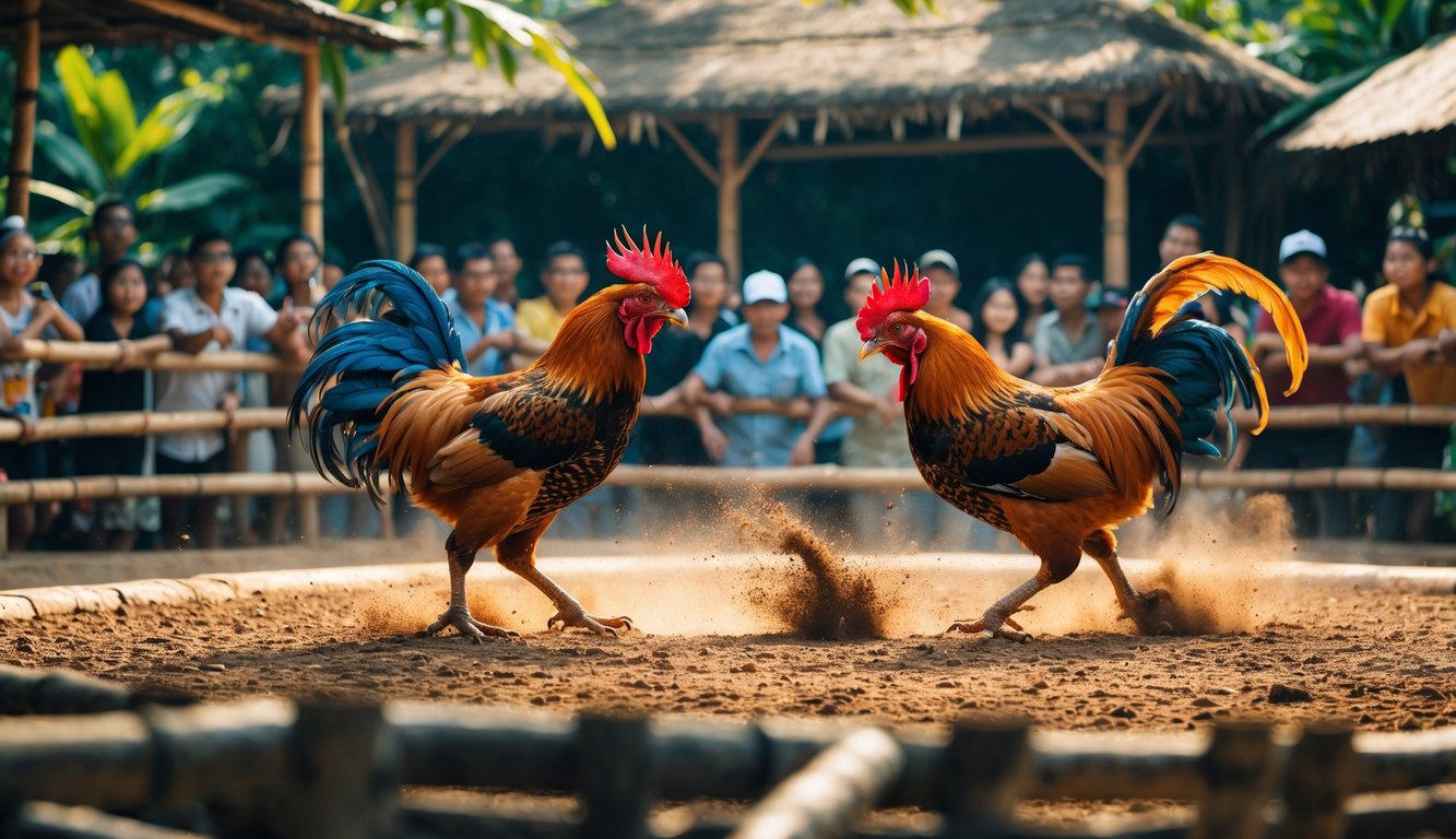 Suasana pertandingan sabung ayam tradisional di Indonesia dengan dua ayam jago bertarung di arena dan penonton yang antusias mengelilingi.