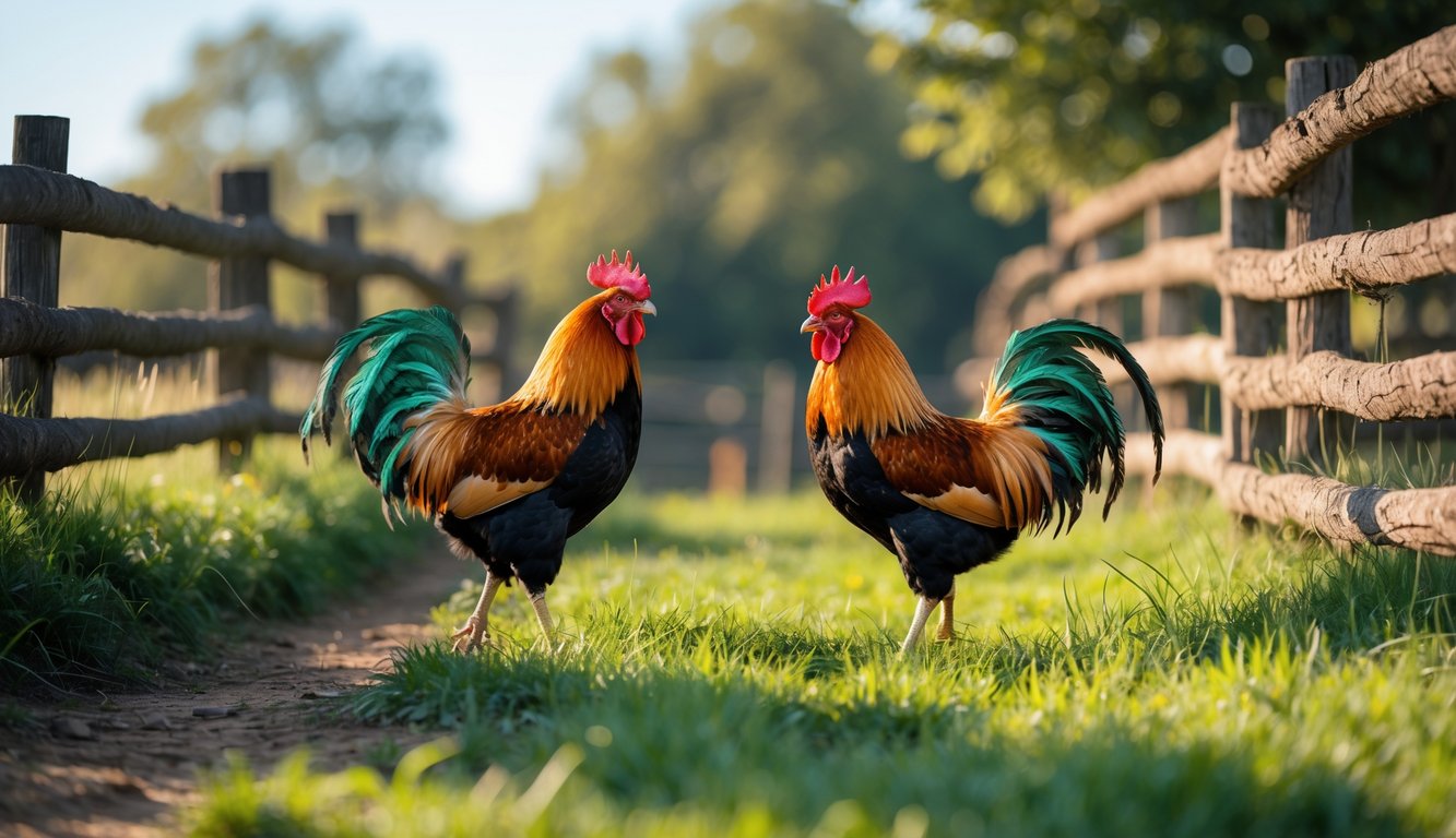 Dua ayam jantan berdiri di halaman pedesaan dengan rumput hijau dan pagar kayu, di bawah sinar matahari alami.