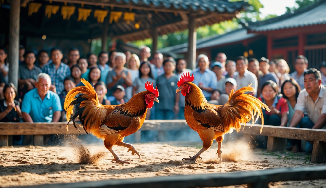 Dua ayam aduan sedang bertarung di arena kayu dengan penonton yang antusias mengamati di sekitarnya.