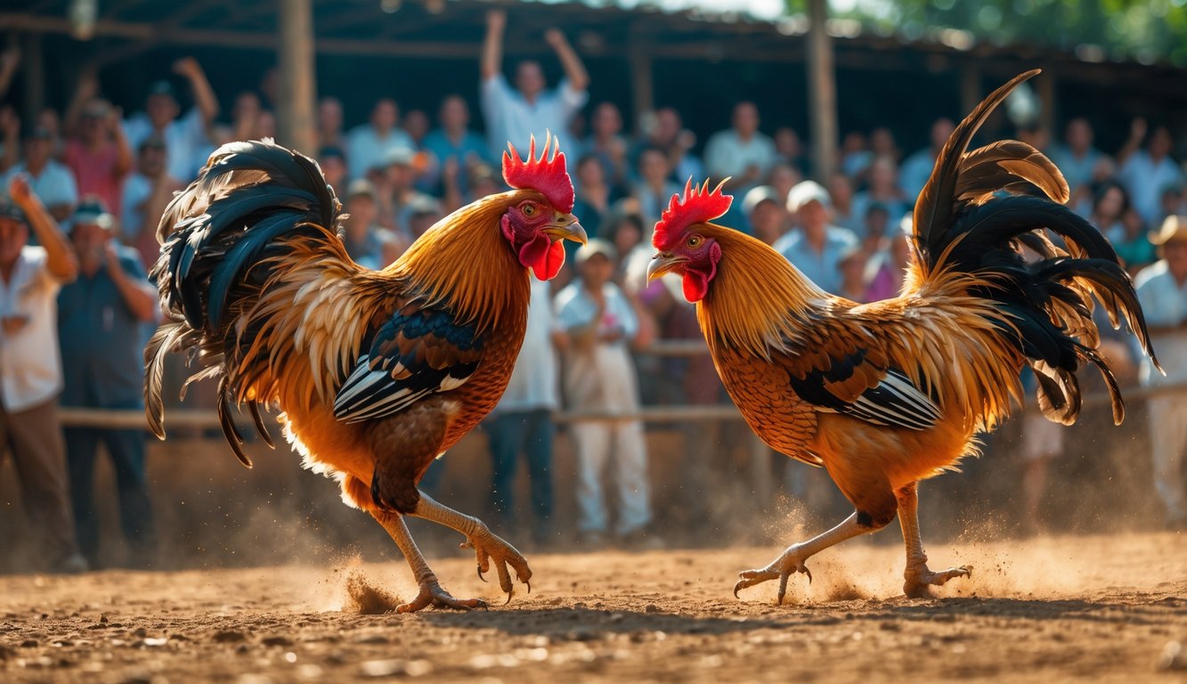 Dua ayam jago sedang bertarung di arena dengan penonton yang antusias di latar belakang.