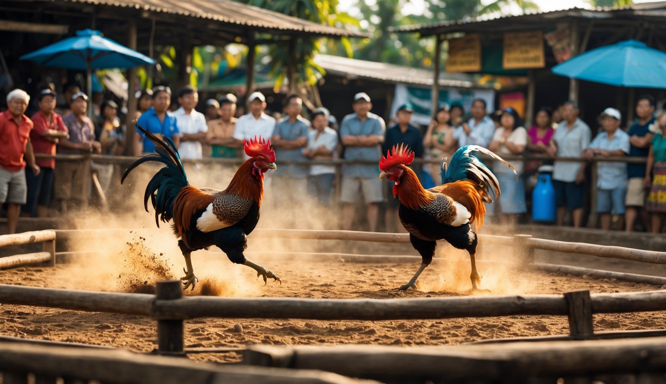 Suasana arena sabung ayam tradisional dengan dua ayam laga sedang bertarung dan penonton yang antusias mengelilingi arena.