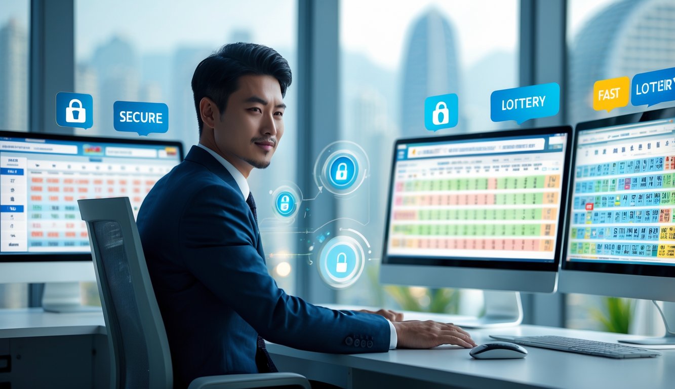 Seorang pria Asia berpakaian rapi duduk di meja kantor dengan beberapa layar komputer yang menampilkan angka lotre, dengan latar belakang kota Macau.