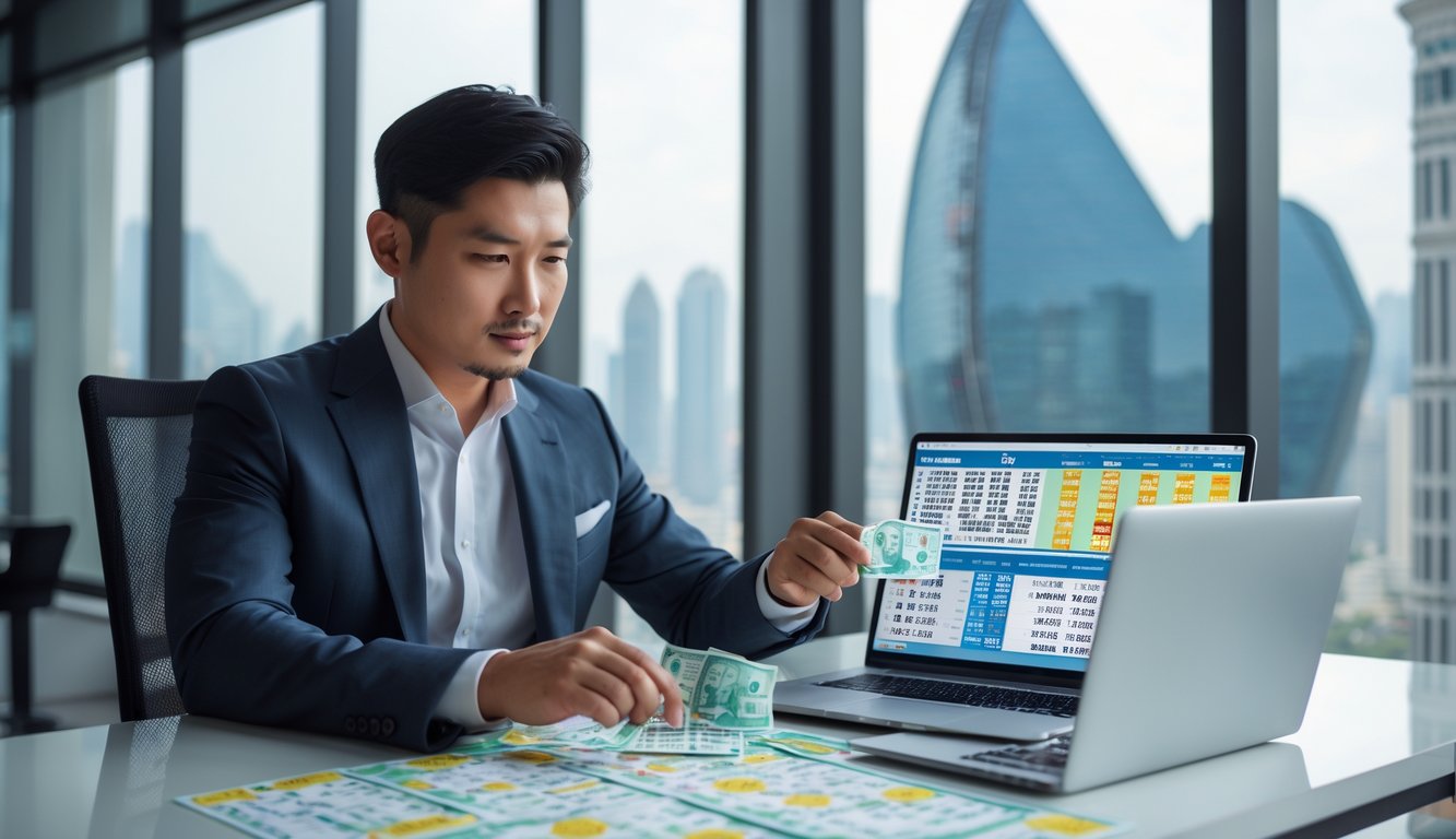 Seorang pria Asia duduk di meja modern sambil menganalisis tiket lotere dan grafik di kantor dengan pemandangan kota Macau di latar belakang.