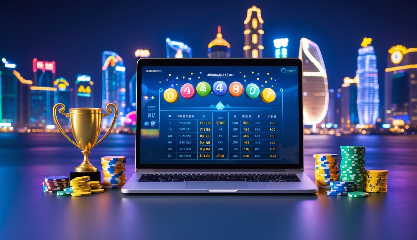 Sebuah komputer modern dengan layar menampilkan antarmuka lotre digital, dikelilingi oleh chip kasino dan trofi emas, dengan latar belakang pemandangan kota Macau yang bercahaya pada malam hari.