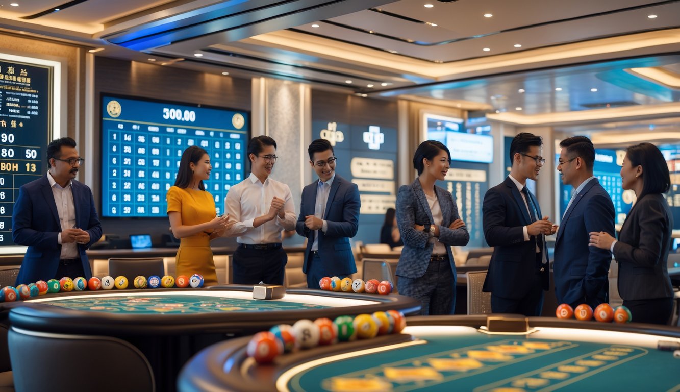 Suasana ruang permainan lotere modern dengan orang-orang yang sedang berdiskusi dan menganalisis prediksi angka.