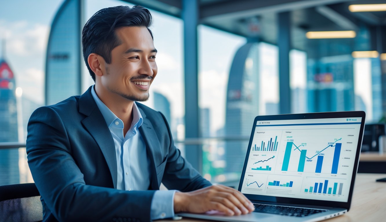 Seorang pria bisnis tersenyum di kantor modern dengan layar laptop yang menampilkan grafik keuangan dan pemandangan kota di latar belakang.