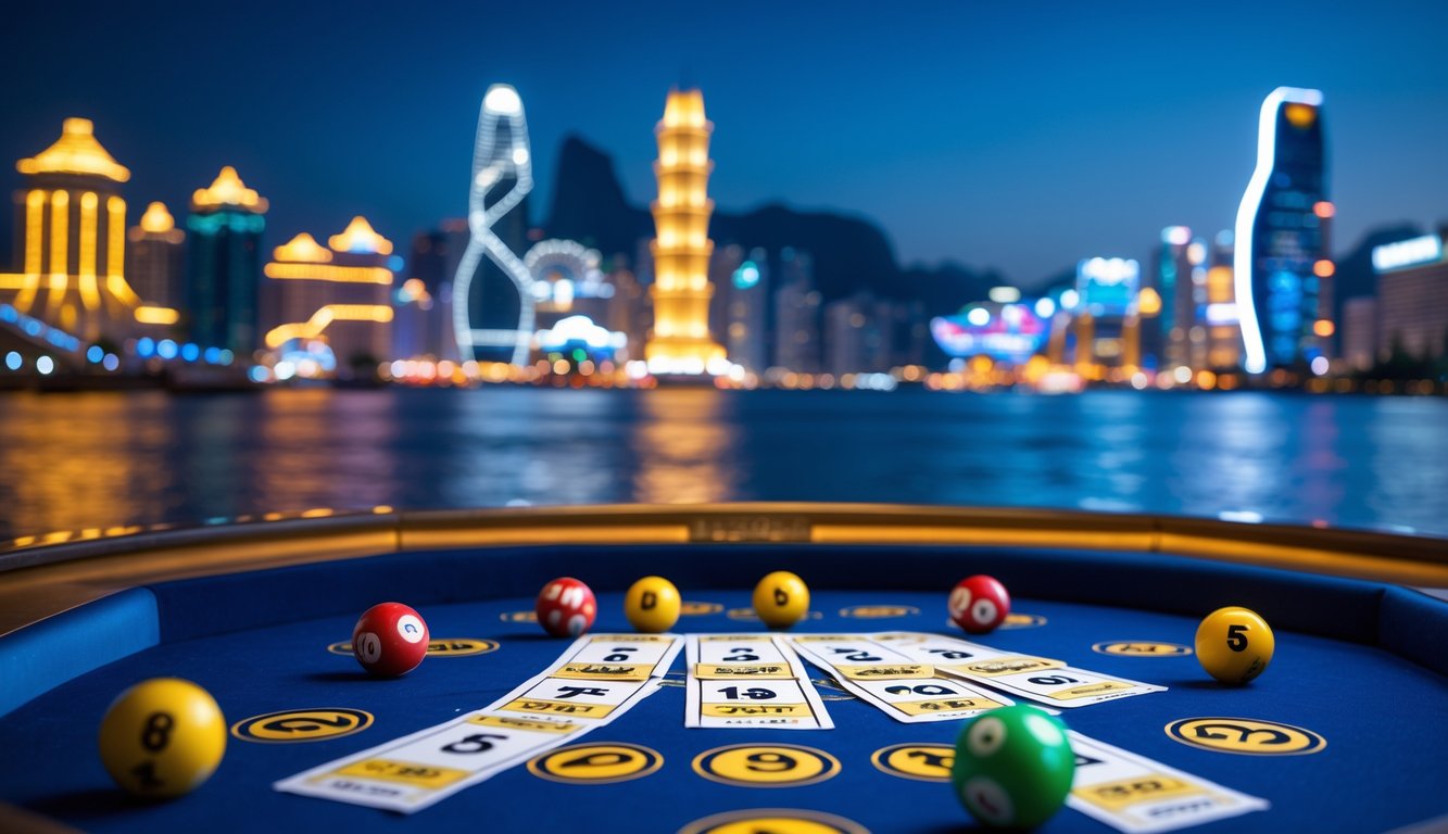 Meja permainan lotere dengan bola dan tiket nomor di latar depan, dengan pemandangan kota Macau yang terang di malam hari di latar belakang.