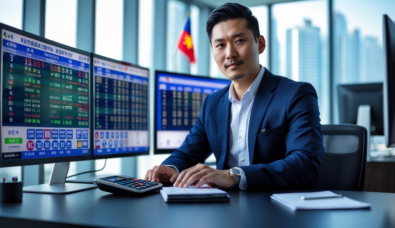 Seorang pria Asia duduk di meja kantor modern dengan beberapa layar komputer yang menampilkan angka togel, terlihat fokus dan percaya diri.