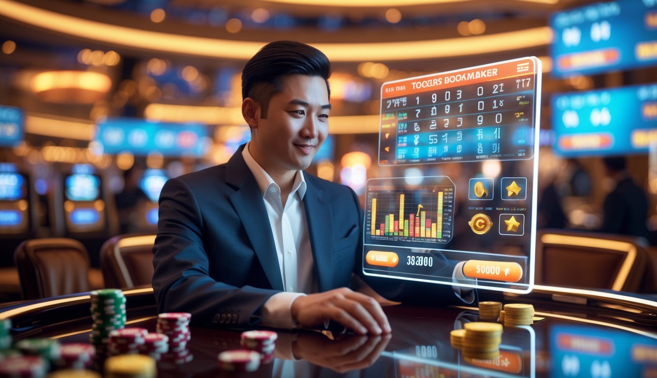 Seorang pria Asia berpakaian rapi sedang berinteraksi dengan layar digital di lingkungan kasino modern dengan latar belakang angka togel dan pemandangan kota Macau.