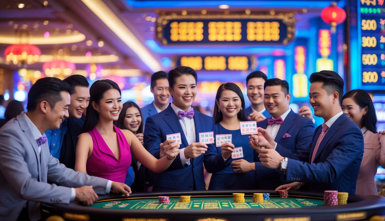 Orang-orang yang sedang bermain lotere dan berjudi di dalam kasino yang ramai dengan lampu berwarna-warni dan suasana penuh kegembiraan.