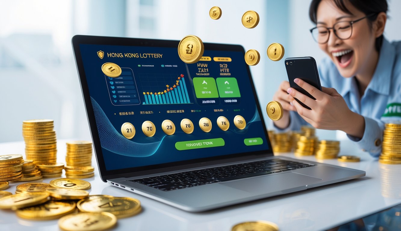 Seseorang sedang menggunakan laptop dan ponsel untuk bermain lotere online dengan koin emas dan bola lotere di meja.