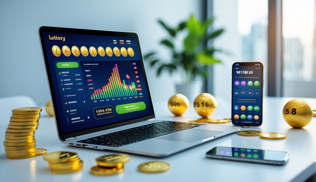 Meja kerja dengan laptop menampilkan antarmuka permainan togel online, koin emas, bola togel, dan ponsel dengan aplikasi taruhan di lingkungan kantor yang terang dan rapi.