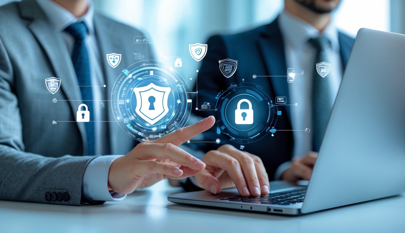 Seorang profesional menggunakan laptop dengan ikon keamanan digital dan grafik pembayaran cepat di latar belakang.