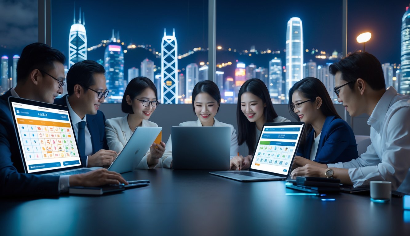 Orang-orang menggunakan perangkat digital untuk bermain togel online dengan latar belakang pemandangan kota Hong Kong.