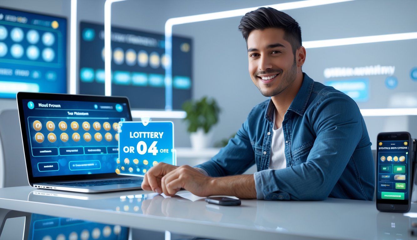 Seorang pria muda duduk di meja dengan laptop dan ponsel yang menampilkan antarmuka permainan lotere online, terlihat fokus dan antusias.