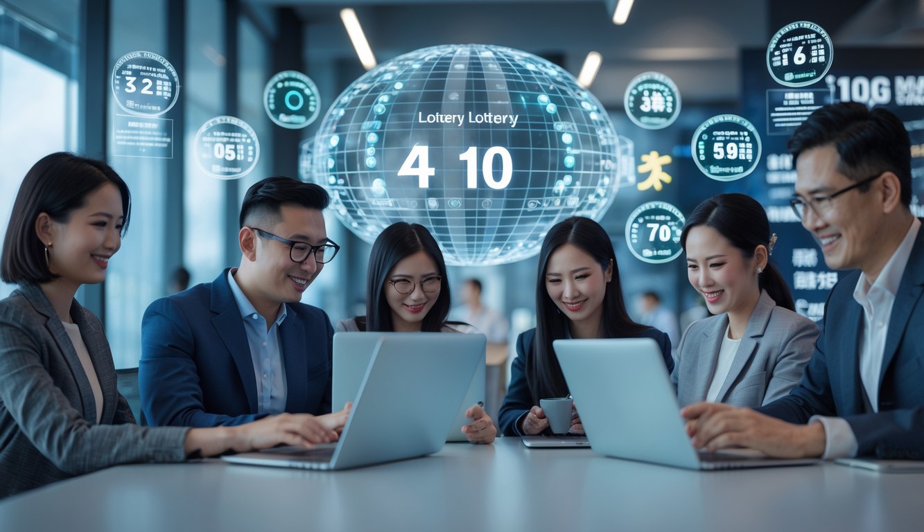 Sekelompok orang menggunakan laptop dan ponsel di ruangan modern dengan latar belakang kota Hong Kong, menunjukkan aktivitas bermain togel online yang dapat dipercaya.