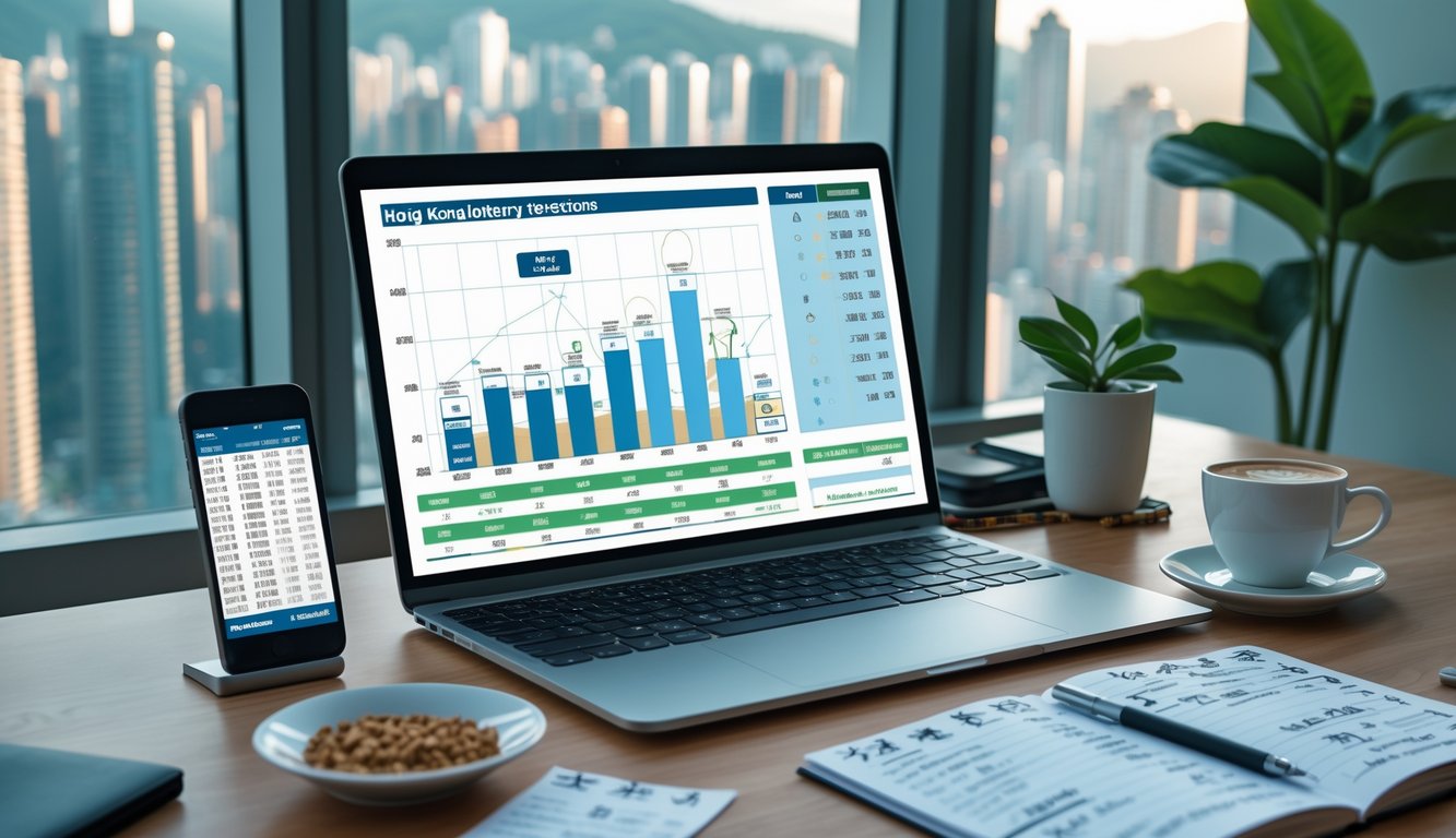 Meja kerja modern dengan laptop, ponsel, dan catatan yang menunjukkan aktivitas prediksi togel online dengan latar belakang pemandangan kota Hong Kong.