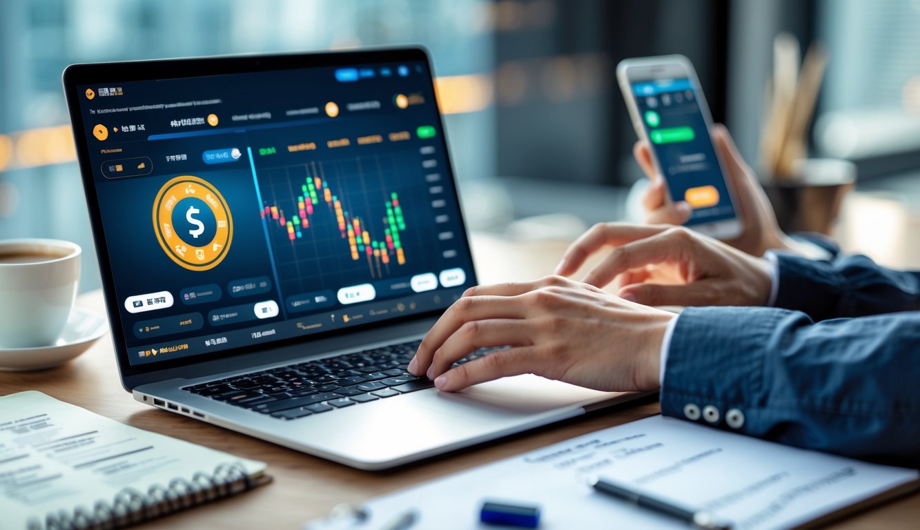 Seorang pria menggunakan laptop di meja kerja dengan layar menampilkan antarmuka lotere digital, dikelilingi oleh cangkir kopi, ponsel, dan buku catatan.