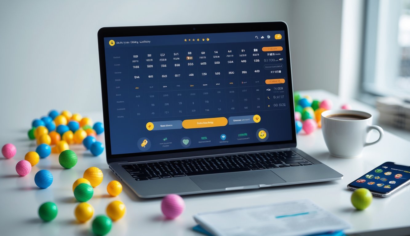 Meja kerja modern dengan laptop yang menampilkan antarmuka lotre digital, bola lotre berwarna-warni, dan ponsel dengan aplikasi taruhan.