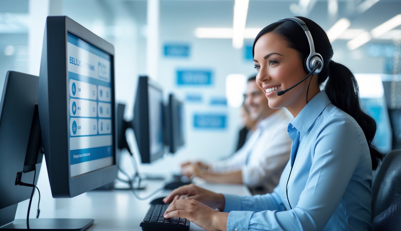 Seorang perwakilan layanan pelanggan yang tersenyum dengan headset di kantor modern, membantu klien melalui komputer dengan latar belakang layar yang menampilkan grafik transaksi aman dan angka lotre.