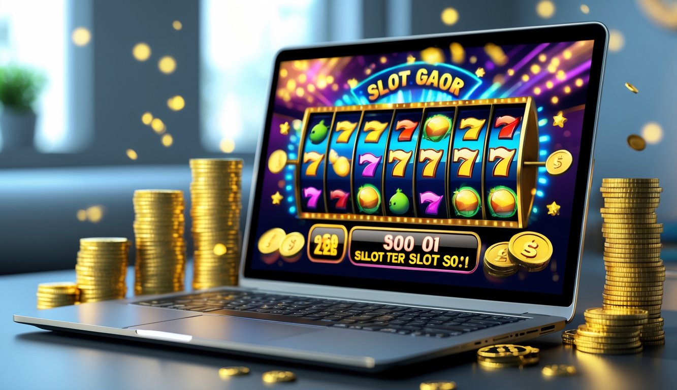 Seorang pemain sedang menggunakan komputer dengan permainan slot online yang menampilkan simbol warna-warni dan koin emas di sekitarnya.