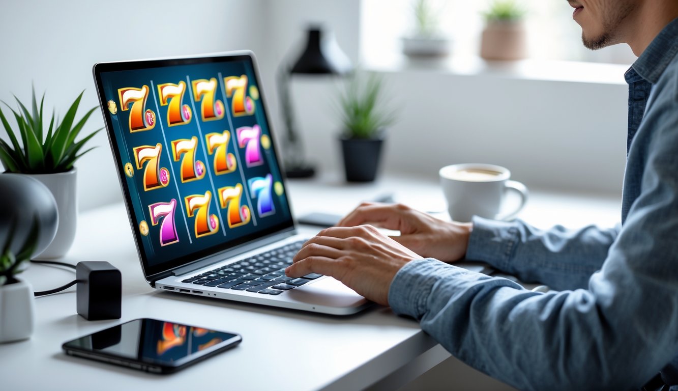Seseorang sedang bermain permainan slot online di laptop di ruang kerja rumah yang rapi.