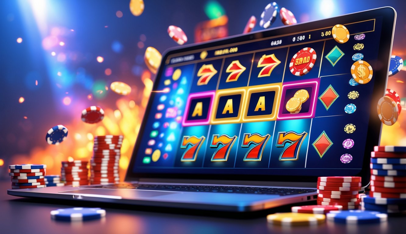 Sebuah meja dengan komputer menampilkan permainan slot online yang berwarna-warni, dikelilingi oleh chip poker dan kartu remi.