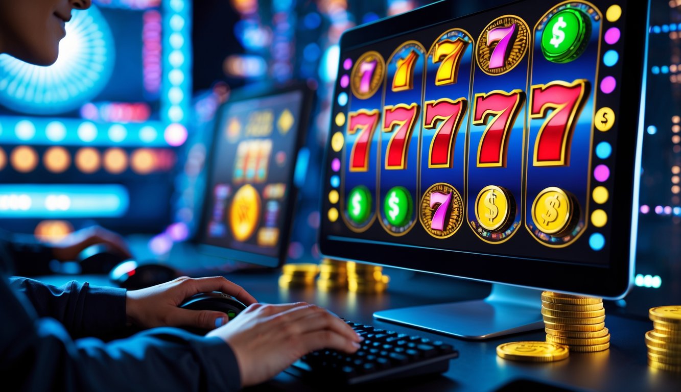 Seorang pemain menggunakan komputer dengan tampilan mesin slot berwarna-warni yang menunjukkan simbol kemenangan.