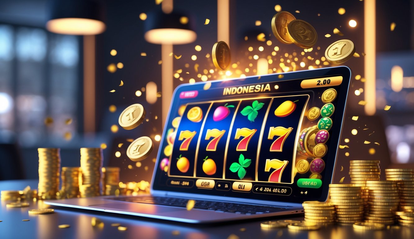 Sebuah layar perangkat menampilkan mesin slot berwarna-warni dengan koin emas dan chip kasino di sekitarnya, menunjukkan suasana kemenangan besar dalam permainan slot online.