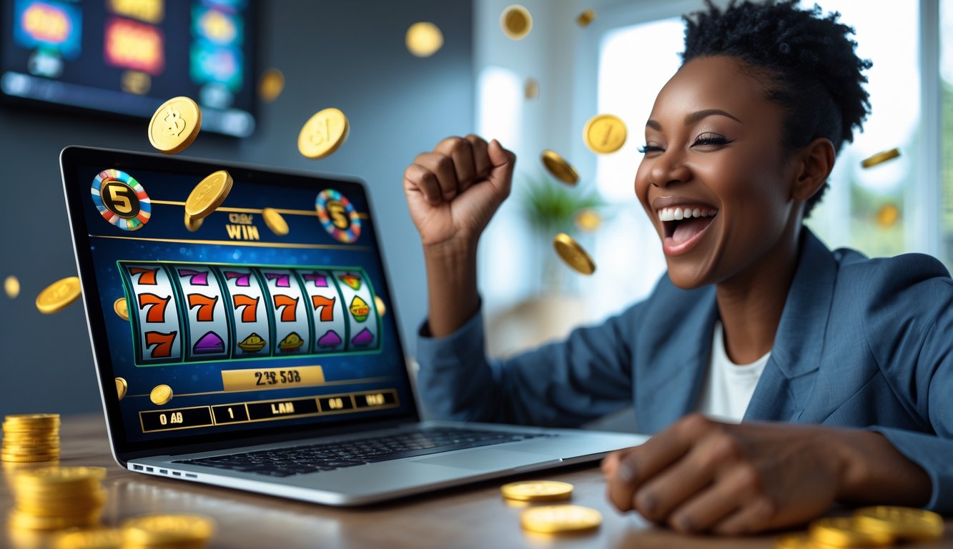 Seseorang yang percaya diri merayakan kemenangan besar saat bermain slot online di laptop di ruangan modern.