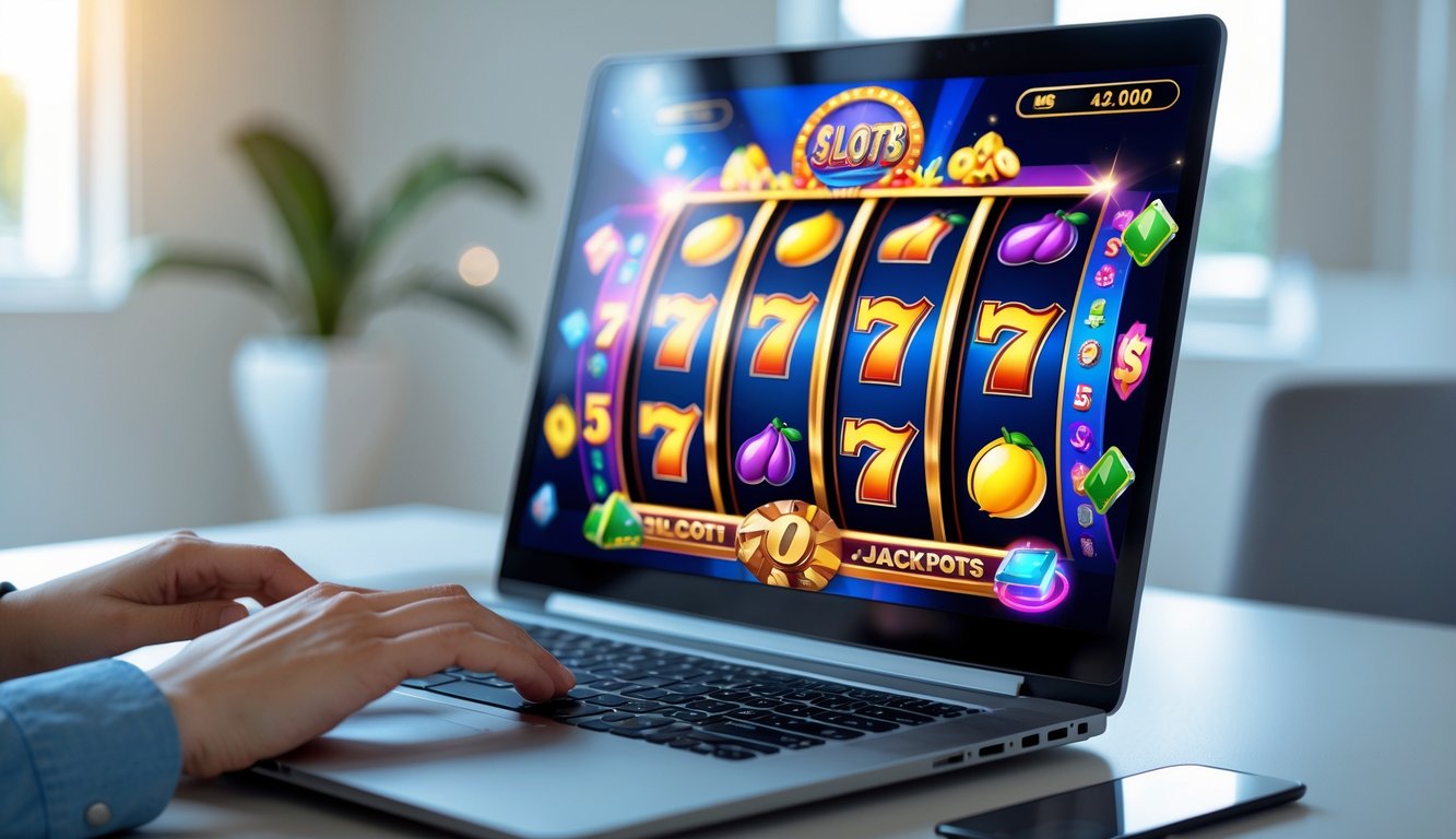 Seseorang bermain permainan slot online di depan komputer dengan layar menampilkan grafis permainan yang berwarna-warni.