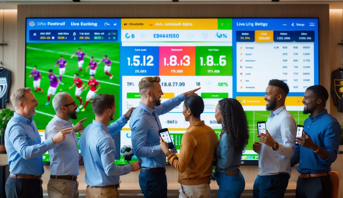 Sekelompok orang sedang melihat layar besar yang menampilkan pertandingan sepak bola dan statistik taruhan dengan antusias di ruangan modern.
