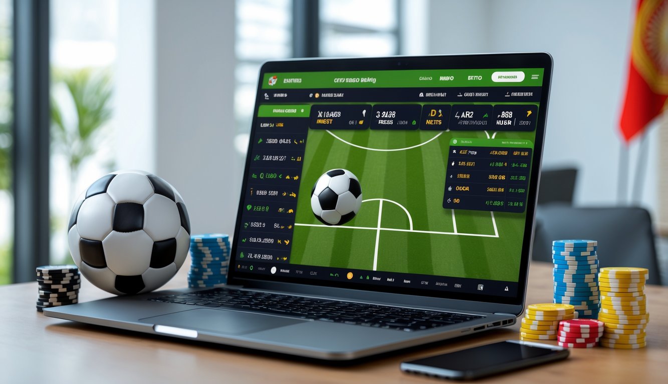 Seorang pria menggunakan laptop dengan layar menampilkan platform taruhan sepak bola online, dikelilingi bola sepak dan chip taruhan di meja.