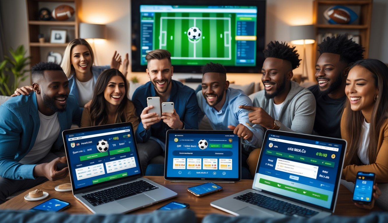 Sekelompok orang yang antusias menggunakan perangkat digital untuk menonton dan bertaruh pada pertandingan sepak bola secara online di ruang tamu yang nyaman.