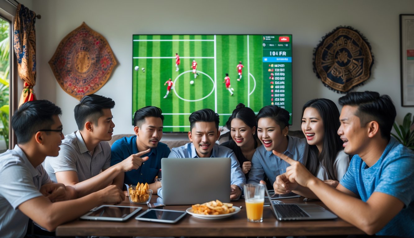 Sekelompok orang muda sedang menonton pertandingan sepak bola secara online menggunakan laptop dan ponsel di ruang tamu yang nyaman.