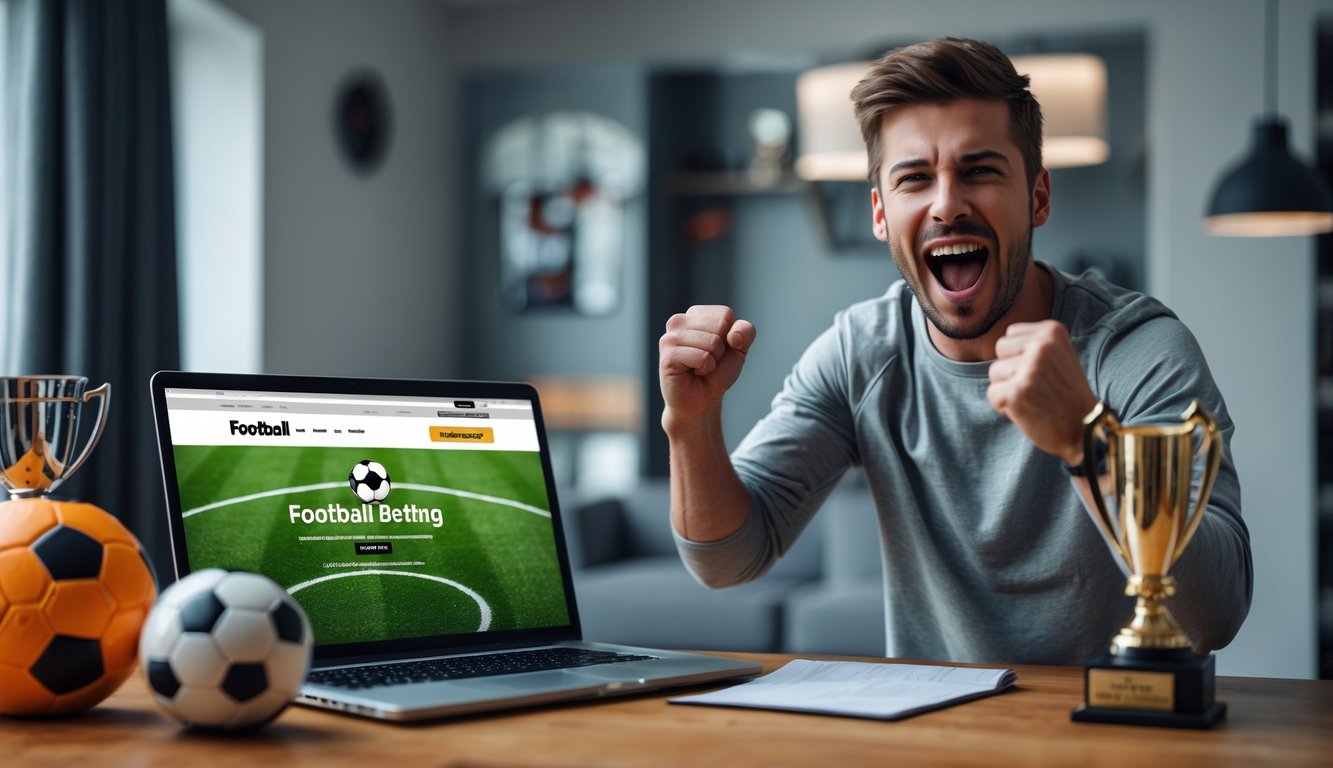 Seorang pria muda merayakan kemenangan sepak bola di dalam ruangan dengan laptop di belakangnya dan perlengkapan sepak bola di sekitar.