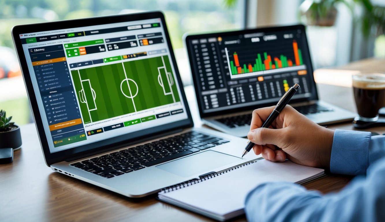 Seseorang sedang menganalisis pertandingan sepak bola di depan laptop dengan grafik dan statistik taruhan di meja kerja.
