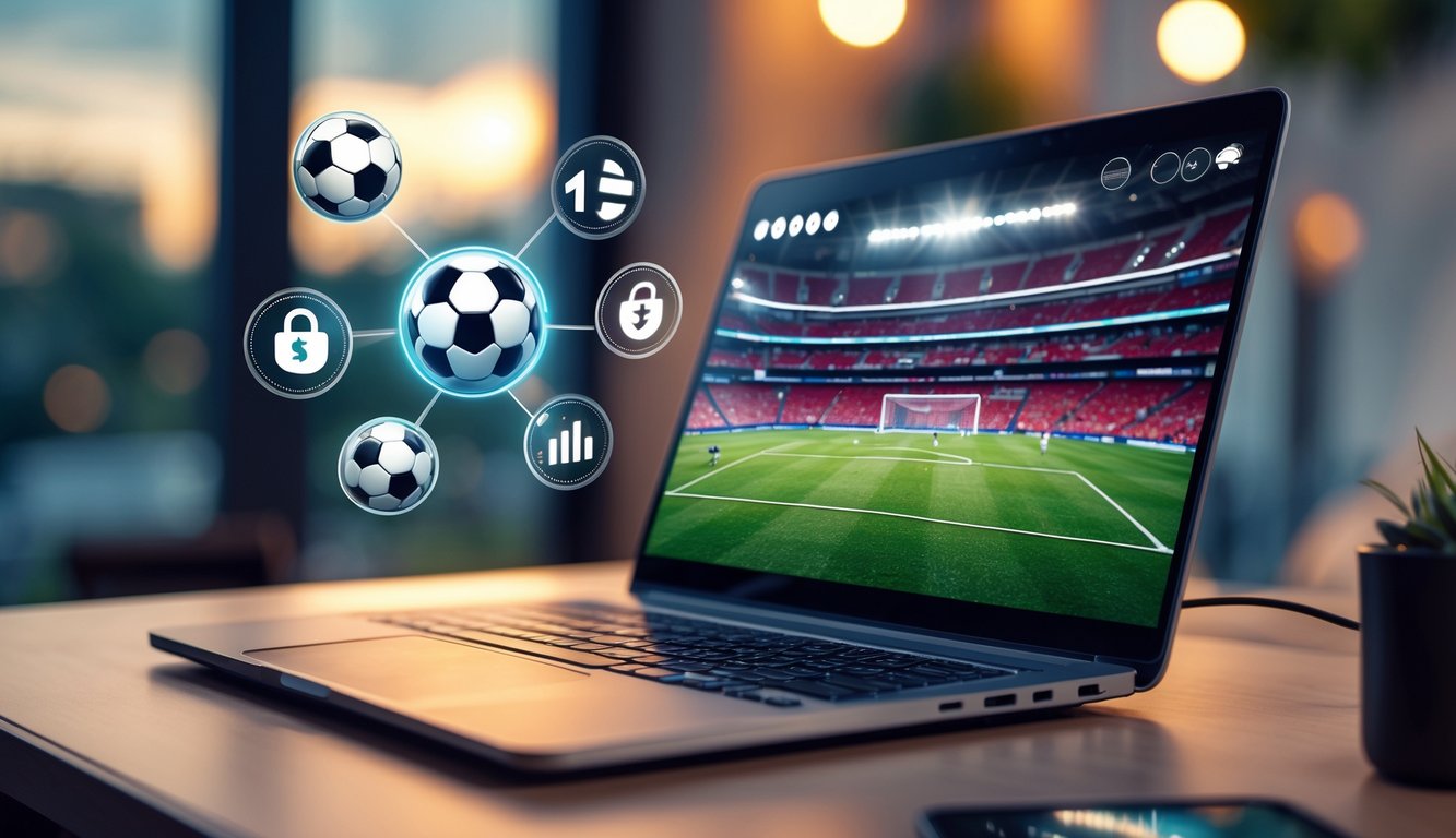 Seorang pria duduk di depan laptop yang menampilkan pertandingan sepak bola dengan ikon digital taruhan dan simbol keamanan di sekitarnya.