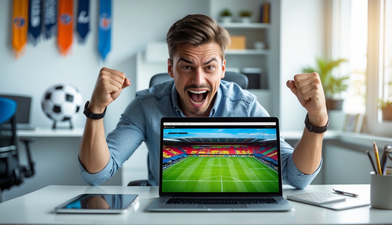 Seorang pria muda duduk di meja dengan laptop, menonton pertandingan sepak bola dengan ekspresi antusias di ruang kerja modern.