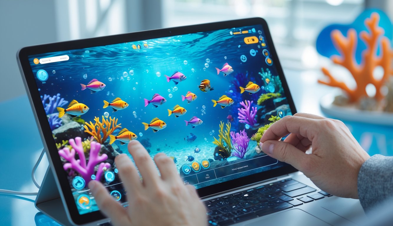Seseorang sedang bermain game memancing online dengan latar belakang ikan berwarna-warni dan terumbu karang di layar perangkat digital.