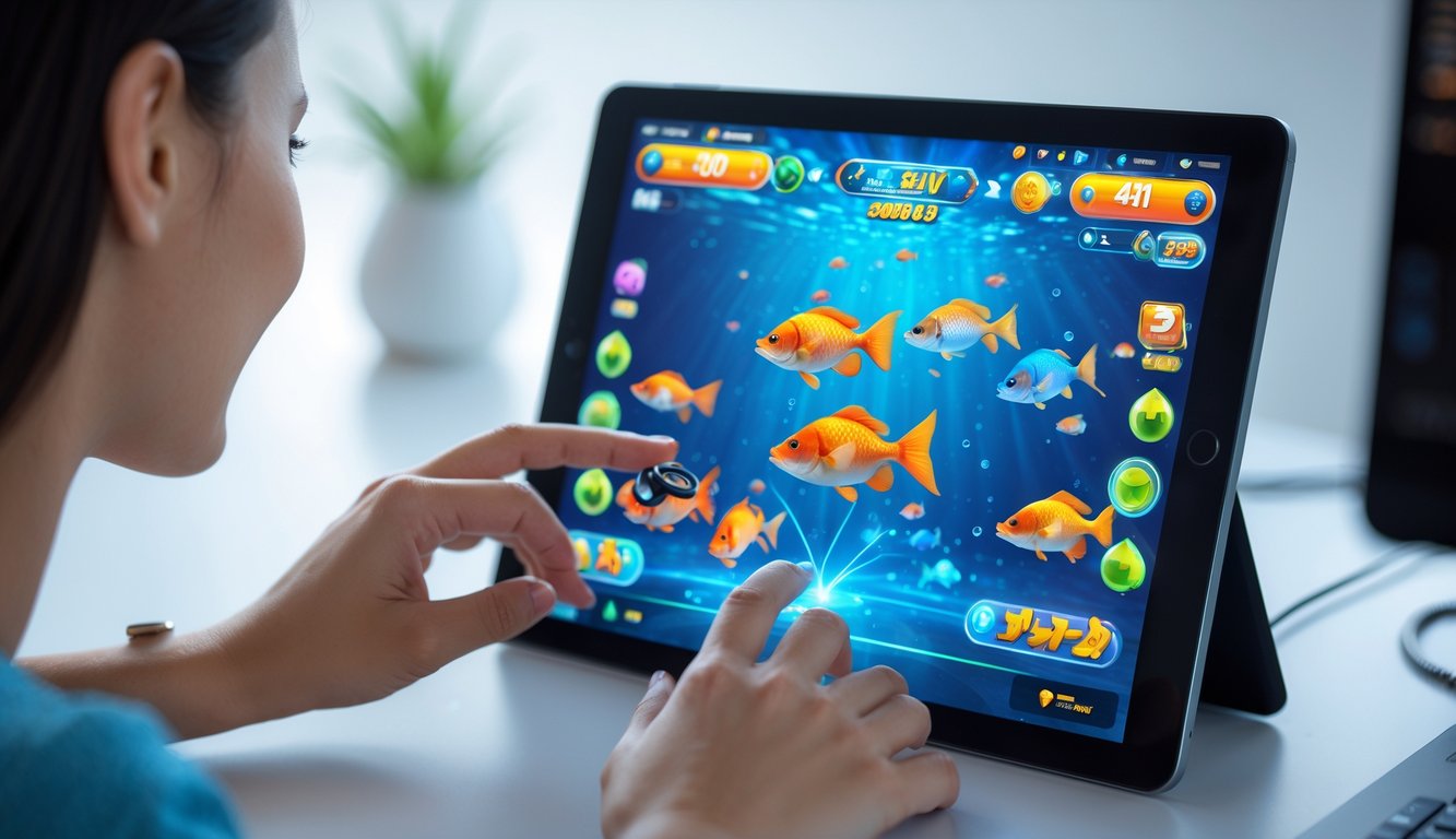Seseorang sedang bermain game menembak ikan secara online di layar komputer dengan tampilan ikan berwarna-warni dan antarmuka permainan yang jelas.