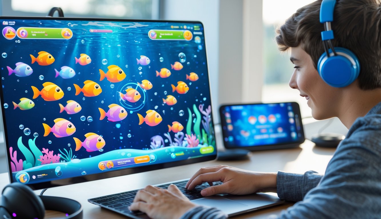 Seseorang sedang bermain game tembak ikan online di laptop dengan latar meja kerja dan aksesori game.