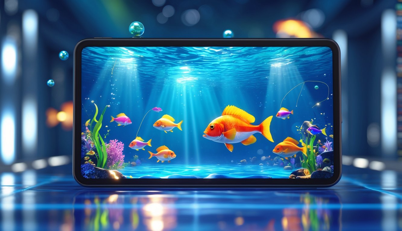 Layar perangkat digital menampilkan permainan memancing ikan dengan latar laut biru dan ikan berwarna-warni berenang di dalamnya.