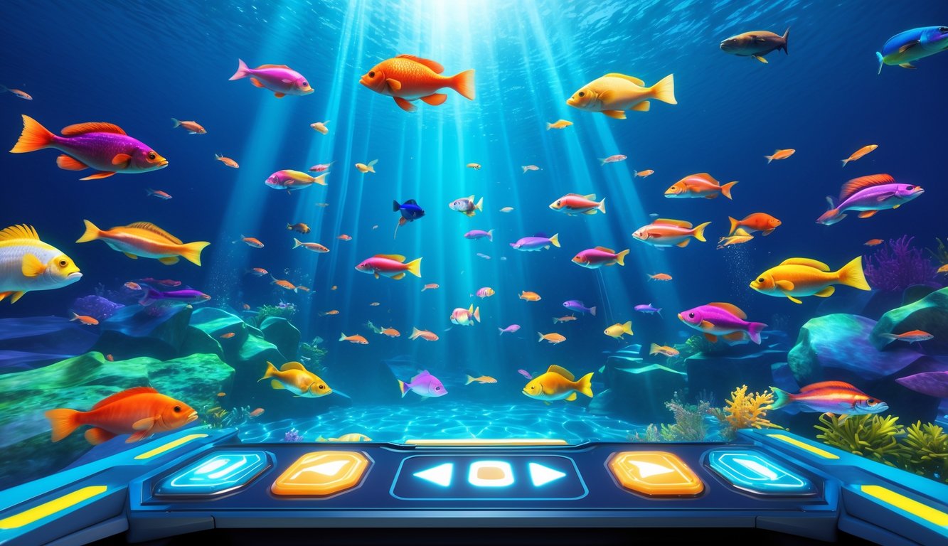 Layar permainan ikan digital dengan berbagai ikan berwarna-warni di bawah laut yang cerah dan antarmuka permainan modern.
