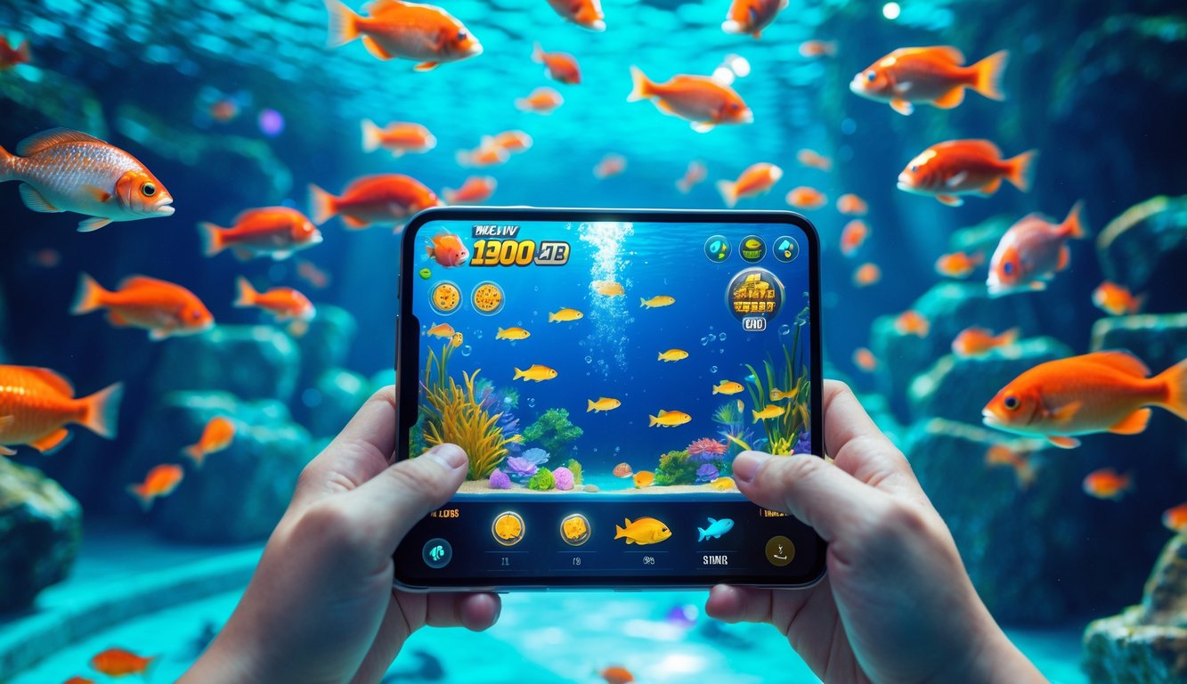 Layar perangkat digital menampilkan permainan menembak ikan dengan latar bawah laut penuh ikan berwarna-warni.
