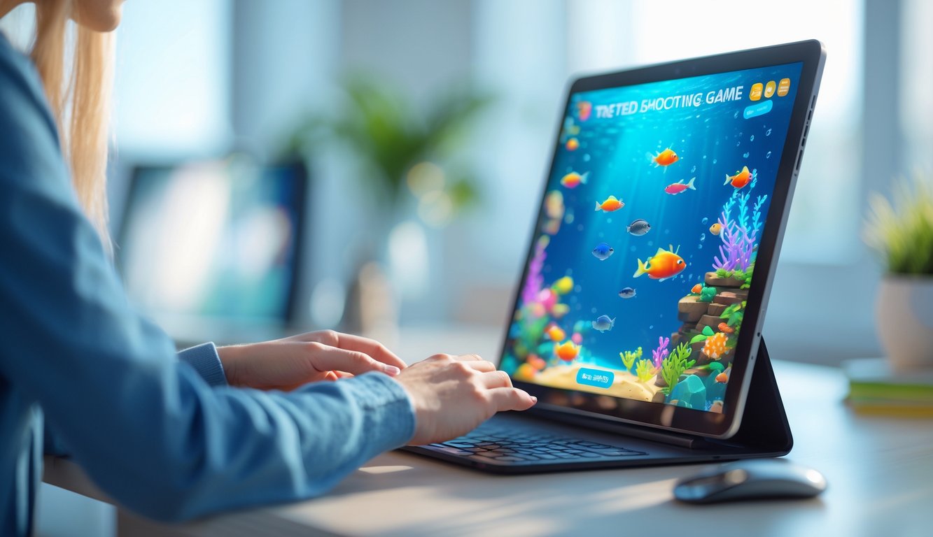 Seseorang bermain game menembak ikan secara online di layar komputer atau tablet dengan latar belakang warna-warni ikan dan elemen bawah laut.