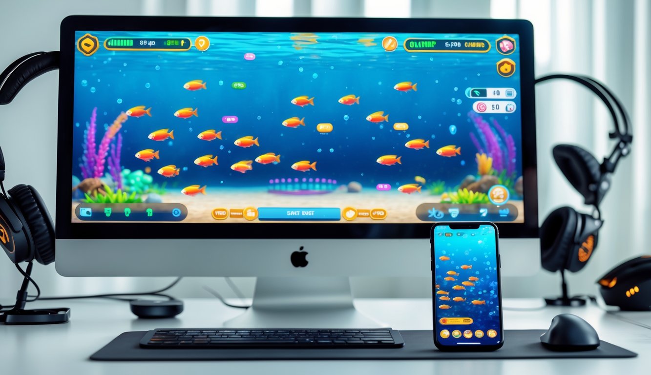 Layar komputer dan ponsel menampilkan permainan menembak ikan dengan grafik warna-warni di meja kerja yang rapi.