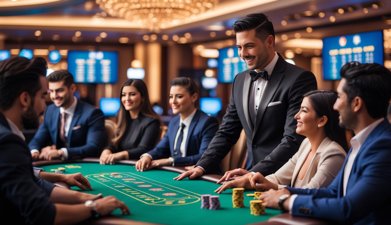 Seorang dealer kasino profesional melayani pemain yang duduk di meja permainan dengan suasana kasino yang hidup dan modern.